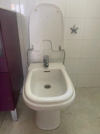 Mueble de baño morado y bidé