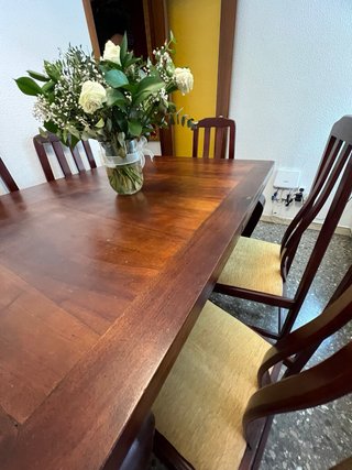 Mesa extensible madera maciza + 6 sillas
