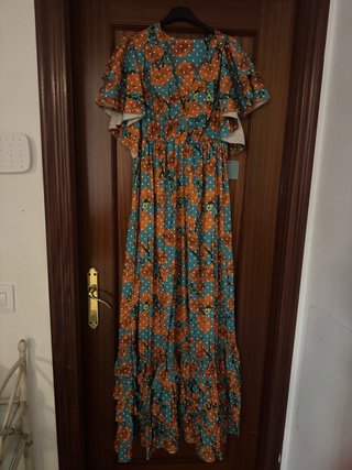 Vestido estampado romería naranja y verde
