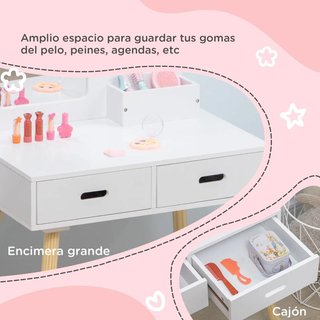 Tocador de Madera Infantil con Taburete y Espejo