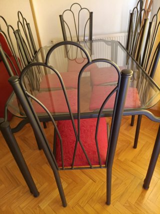Mesa cristal comedor de forja y 6 sillas