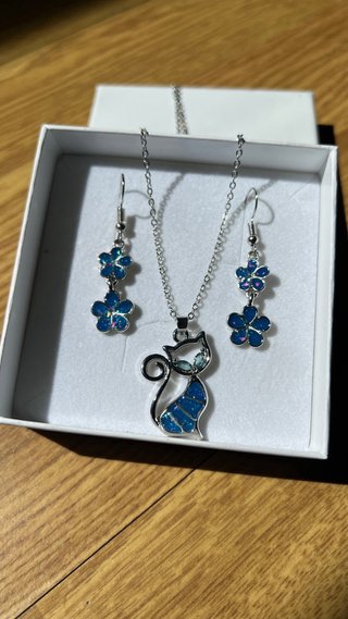 Conjunto joyería gato y flores azul/plata