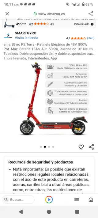 Patinete Eléctrico SmartGyro Rojo