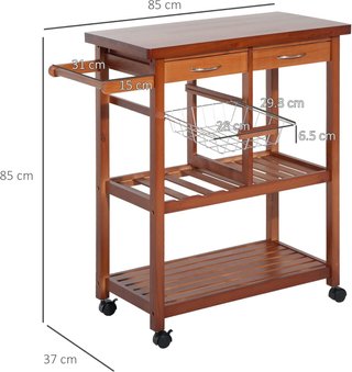 Carro de Cocina de Madera con Soporte para Botellas, Cesta, 2 Estantes, 2 Cajones, Madera de Pino, Resistente, Fácil de Mover, Versátil, 84.5X37.2X85Cm