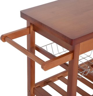 Carro de Cocina de Madera con Soporte para Botellas, Cesta, 2 Estantes, 2 Cajones, Madera de Pino, Resistente, Fácil de Mover, Versátil, 84.5X37.2X85Cm