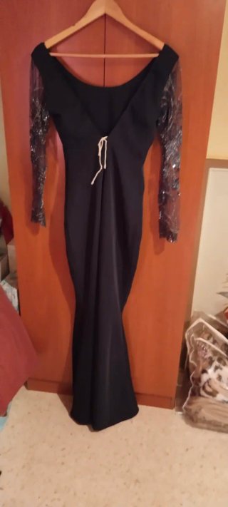 Vestido fiesta azul oscuro manga encaje Talla S