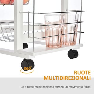 Carrito De Cocina Ahorra Espacio en Madera Blanca, Carro de Comida Con 1 Superficie de Trabajo 1 Cajón Y 4 Cestos Metálicos, 47X37X83Cm