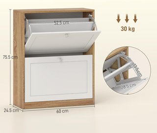 Zapatero Slim Con 3 Estantes Regulables a 2 Niveles O Extraíbles para 12 Pares, Mueble Zapatero en Aglomerado Y MDF Ahorra Espacio, 60X24.5X75.5 Cm, Blanco Y Roble