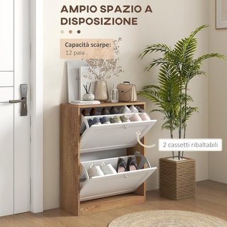 Zapatero Slim Con 3 Estantes Regulables a 2 Niveles O Extraíbles para 12 Pares, Mueble Zapatero en Aglomerado Y MDF Ahorra Espacio, 60X24.5X75.5 Cm, Blanco Y Roble