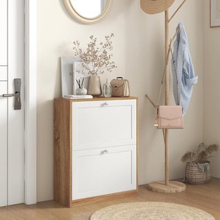 Zapatero Slim Con 3 Estantes Regulables a 2 Niveles O Extraíbles para 12 Pares, Mueble Zapatero en Aglomerado Y MDF Ahorra Espacio, 60X24.5X75.5 Cm, Blanco Y Roble