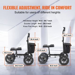 Scooter de Rodillas Plegable, Andador de Rodillas de Aluminio Direccionable con Manillar y Almohadilla para la Rodilla Ajustables en Altura, Ruedas Todo Terreno de 12" (30.5 cm), Doble Freno, Scoo...
