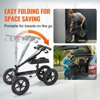 Scooter de Rodillas Plegable, Andador de Rodillas de Aluminio Direccionable con Manillar y Almohadilla para la Rodilla Ajustables en Altura, Ruedas Todo Terreno de 12" (30.5 cm), Doble Freno, Scoo...