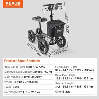 Scooter de Rodillas Plegable, Andador de Rodillas de Aluminio Direccionable con Manillar y Almohadilla para la Rodilla Ajustables en Altura, Ruedas Todo Terreno de 12" (30.5 cm), Doble Freno, Scoo...