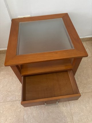 Mesa auxiliar madera cristal cajón 60x60