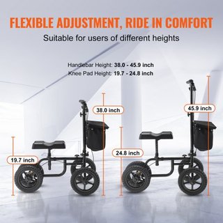 Scooter de Rodillas Plegable, Andador de Rodillas Direccionable de Acero al Carbono con Manillar y Almohadilla para la Rodilla Ajustables en Altura, Rueda Todo Terreno de 12" (30.5 cm), Doble Fren...