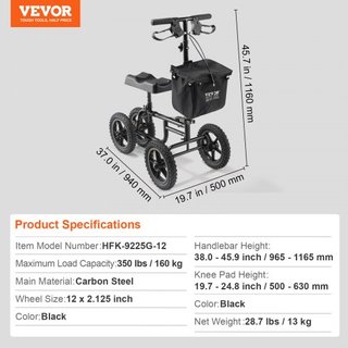 Scooter de Rodillas Plegable, Andador de Rodillas Direccionable de Acero al Carbono con Manillar y Almohadilla para la Rodilla Ajustables en Altura, Rueda Todo Terreno de 12" (30.5 cm), Doble Fren...