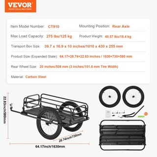 Remolque de Carga para Bicicleta, Capacidad de Carga de 275 lbs/124.7 kg, Carro de Bicicleta de Alta Resistencia, Almacenamiento Compacto Plegable y Liberación Rápida con Enganche Universal, Rueda...