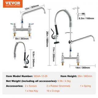 Grifo Comercial con Rocío Prelavado, Altura de 26" (66 cm), Centro de 8" (20.3 cm), Boca Giratoria de 12" (30.5 cm), Grifo de Cocina Montado en la Mesa, Dispositivo de Latón con Rocío Desplegable,...