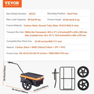 Remolque de Carga para Bicicleta, Capacidad de Carga de 88 lbs/39.9 kg, Carro de Bicicleta de Alta Resistencia, Almacenamiento Compacto Plegable con Enganche Universal, Cubierta Impermeable, Rueda...