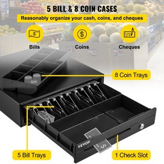 Caja Registradora, 40.6 cm 12 V, per Sistema POS con 5 Vassoi per Banconote e 8 Vassoi per Monete, Scomparto Monete Estragibile e 2 Chiavi Incluse, Cavo RJ11/RJ12 per Supermercato, Ne...