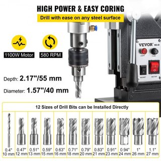 Taladro Magnético, 1100W Diámetro de Perforación de 4 cm, 2697lbf/12000N Taladro Magnético Eléctrico Portátil con 12 Brocas, Máquina de Perforación de 580 RPM para Cualquier Superficie y Mejora de...