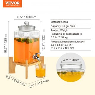 Dispensatore di Bevande, Dispensatori da 1.5 Gal/5.5 L per Feste, Dispensatore di Succo in Vetro con Supporto, Rubinetto in Acciaio Inox, Dispensatore per Tè Ghiacciato, Limonata, Succo,...