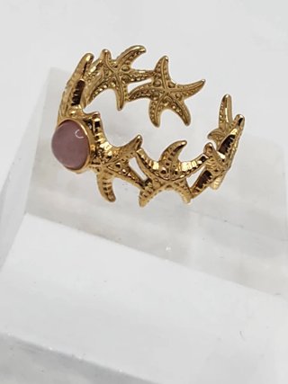 Anillo ajustable acero dorado con piedra rosa