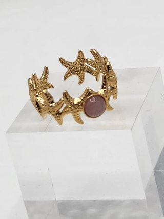 Anillo ajustable acero dorado con piedra rosa
