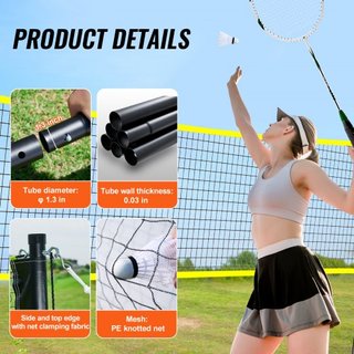 Juego de Red de Bádminton, Red de Bádminton Portátil para Playa, Parque y Jardín, Conjunto de Equipos de Bádminton para Adultos y Niños con Postes, Bolsa de Transporte, 4 Raquetas de Hierro y 3 Vo...