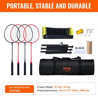 Juego de Red de Bádminton, Red de Bádminton Portátil para Playa, Parque y Jardín, Conjunto de Equipos de Bádminton para Adultos y Niños con Postes, Bolsa de Transporte, 4 Raquetas de Hierro y 3 Vo...