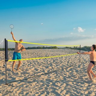 Juego de Red de Bádminton, Red de Bádminton Portátil para Playa, Parque y Jardín, Conjunto de Equipos de Bádminton para Adultos y Niños con Postes, Bolsa de Transporte, 4 Raquetas de Hierro y 3 Vo...