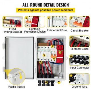 Caja combinadora PV, 4 cadenas, caja combinadora solar con fusible de corriente nominal de 15A, interruptor de circuito de 63A, protector contra rayos y conector solar, para sistema de panel solar...