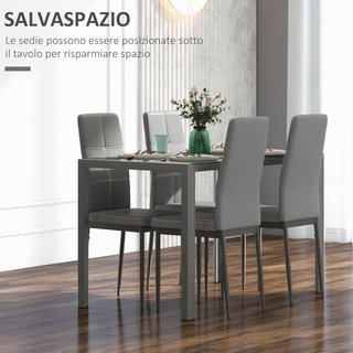 Set da Pranzo 5 Pezzi con 1 Tavolo e 4 Sedie Moderne in Pelle Sintetica, Metallo e Vetro Temperato, Grigio