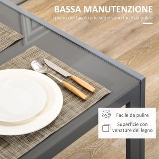 Set da Pranzo 5 Pezzi con 1 Tavolo e 4 Sedie Moderne in Pelle Sintetica, Metallo e Vetro Temperato, Grigio
