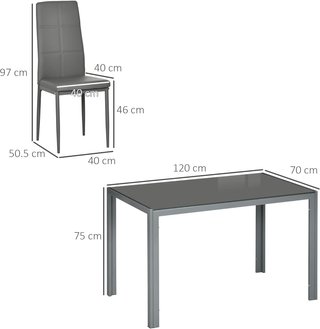 Set da Pranzo 5 Pezzi con 1 Tavolo e 4 Sedie Moderne in Pelle Sintetica, Metallo e Vetro Temperato, Grigio