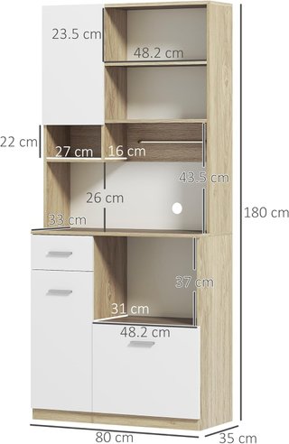 Alto Mobile da Cucina con Cassetto, 3 Armadi e 4 Ripiani Aperti, Mobile Dispensa con Ripiano Regolabile in Truciolato, per Soggiorno e Cucina, 80X35X180 Cm, Bianco e Rovere