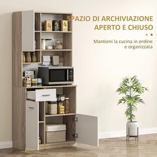 Alto Mobile da Cucina con Cassetto, 3 Armadi e 4 Ripiani Aperti, Mobile Dispensa con Ripiano Regolabile in Truciolato, per Soggiorno e Cucina, 80X35X180 Cm, Bianco e Rovere