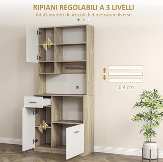 Alto Mobile da Cucina con Cassetto, 3 Armadi e 4 Ripiani Aperti, Mobile Dispensa con Ripiano Regolabile in Truciolato, per Soggiorno e Cucina, 80X35X180 Cm, Bianco e Rovere