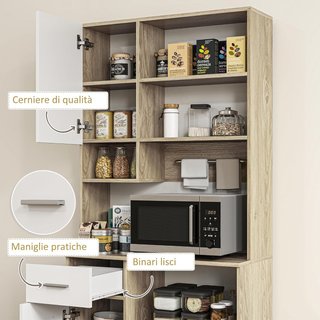 Alto Mobile da Cucina con Cassetto, 3 Armadi e 4 Ripiani Aperti, Mobile Dispensa con Ripiano Regolabile in Truciolato, per Soggiorno e Cucina, 80X35X180 Cm, Bianco e Rovere