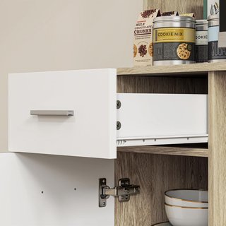 Alto Mobile da Cucina con Cassetto, 3 Armadi e 4 Ripiani Aperti, Mobile Dispensa con Ripiano Regolabile in Truciolato, per Soggiorno e Cucina, 80X35X180 Cm, Bianco e Rovere