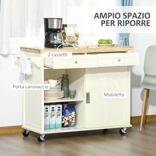 Isla de Cocina de Madera y MDF con Cajones, Armario y Toallero, Carrito de Cocina con 4 Ruedas para Utensilios, 110X49.5X89.5 Cm, Blanco