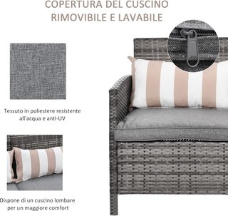 Divano da 3 posti per esterni in rattan (PE) con cuscini imbottiti e sfoderabili, Giardino/Terrazzo, 173X68X78Cm
