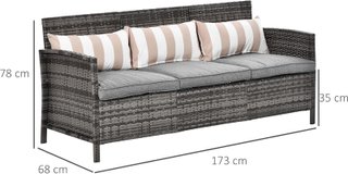 Divano da 3 posti per esterni in rattan (PE) con cuscini imbottiti e sfoderabili, Giardino/Terrazzo, 173X68X78Cm