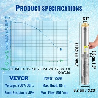 Bomba Sumergible de Pozo Profundo, 550W 230V/50Hz, 50L/min 89 m de Altura, 20 m de Cable y Interruptor de Presión Automático, Bombas de Agua de Acero Inoxidable de 8.2 cm para Uso Industrial, Irri...