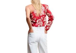 Blusa roja y blanca floral asimétrica
