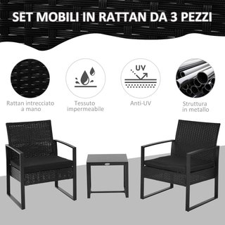 Set di mobili da balcone con tavolo e 2 sedie in rattan con cuscini, nero