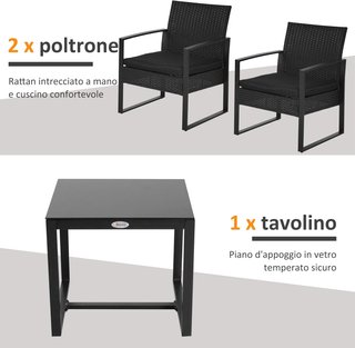 Set di mobili da balcone con tavolo e 2 sedie in rattan con cuscini, nero