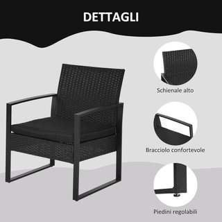 Set di mobili da balcone con tavolo e 2 sedie in rattan con cuscini, nero