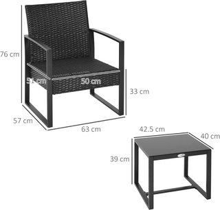 Set di mobili da balcone con tavolo e 2 sedie in rattan con cuscini, nero
