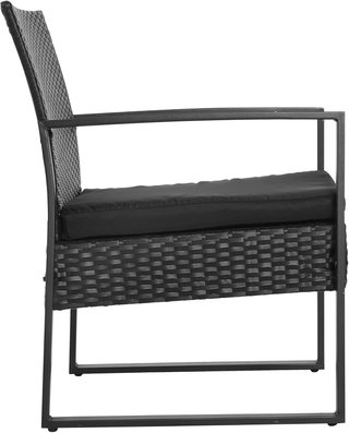Set di mobili da balcone con tavolo e 2 sedie in rattan con cuscini, nero